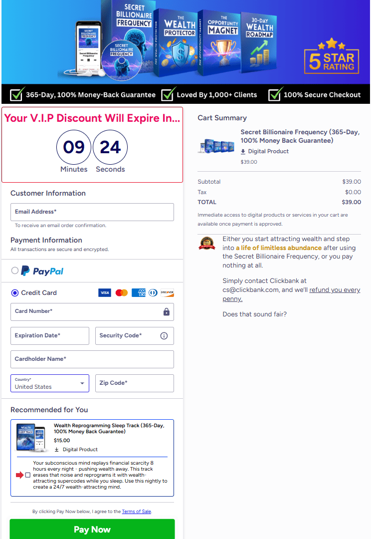 The Secret Billionaire Frequency order page